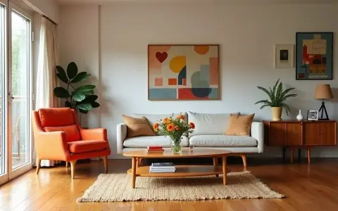 Mysigt vardagsrum med orange fåtölj, soffa, träbord och konst. Perfekt för second hand online inredning.