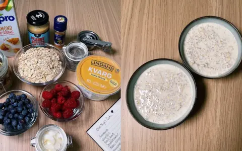 Ingredienser för overnight oats med kvarg: havregryn, bär, nötter, mandeldryck, jordnötssmör och kanel. Färdig gröt i skålar.