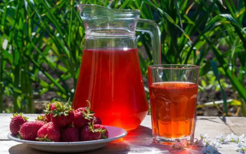 En karaff och ett glas med röd saft står på ett träbord. En tallrik med färska jordgubbar bredvid. Perfekt för ett jordgubbssaft recept.