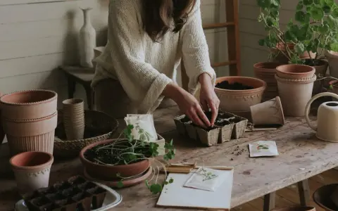 Person sår frön i krukor, bland annat för artemisia absinthium. Terracottakrukor och en vattenkanna står på bordet.