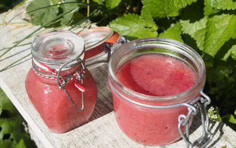 Två glasburkar med hemgjord rabarbermarmelad står på en träbänk utomhus, omgivna av gröna blad.