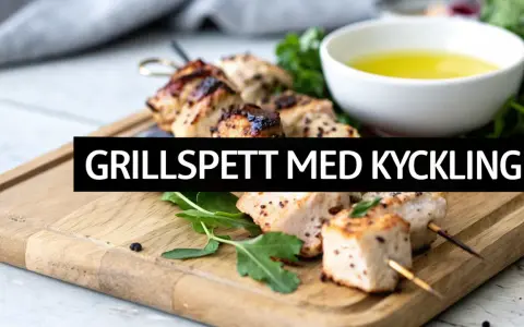 Grillspett med kyckling på en träskärbräda, redo för ett gott grillspett recept. Serveras med en skål med olja och grönsaker.