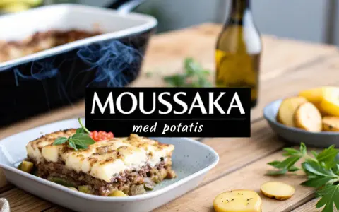 En väldoftande moussaka med potatis, serverad i en ugnsform. Rätten är dekorerad med basilika och tomater.