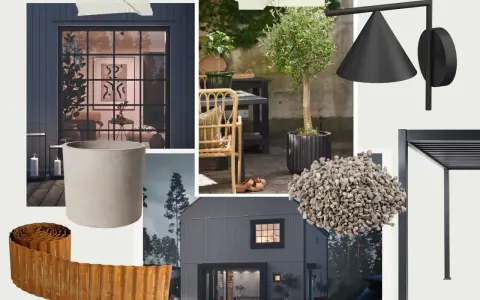 Inspiration för hur man gör en moodboard för utomhusmiljö: mörk fasad, olivträd, sten, pergola och modern belysning.