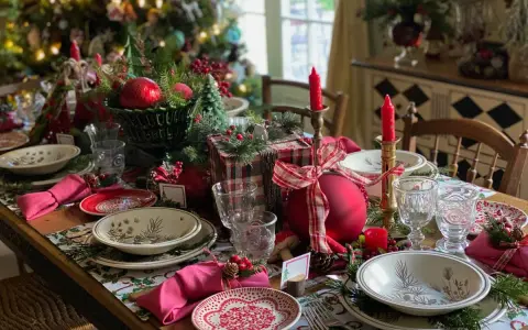 En vacker, modern juldukning med röda detaljer, granris och julklappar. En inbjudande dukning för en mysig jul.