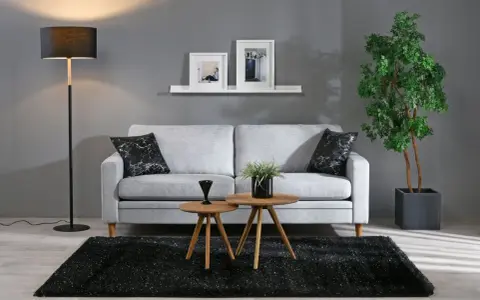 Grå soffa med svarta kuddar, två runda träbord, svart matta och golvlampa. Bra inredningstips för ett modernt vardagsrum.