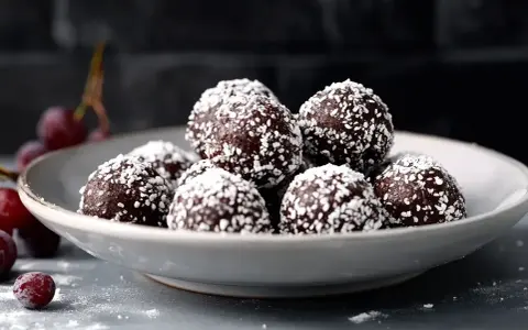 En skål med chokladbollar, perfekta för ett enkelt chokladbollar recept. Garnerade med kokosflingor och med några körsbär bredvid.