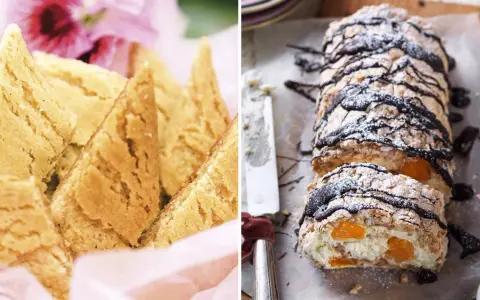 Två härliga bakverk för fika: gyllene småkakor och en rulltårta med aprikoser och choklad. Perfekta fika recept!