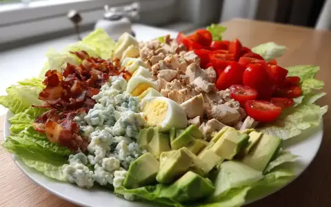 En härlig cobb salad med krispig sallad, kyckling, bacon, ägg, tomater, blåmögelost och avokado.