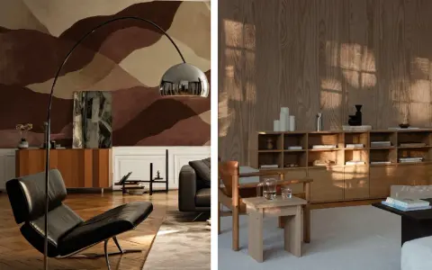 Två rum med olika stilar. Vänstra rummet har en mörk läderfåtölj och en abstrakt väggmålning. Högra rummet visar en ljus träinredning med en bokhylla och en liten träpall, en inbjudande känsla av senapsgul inredning.