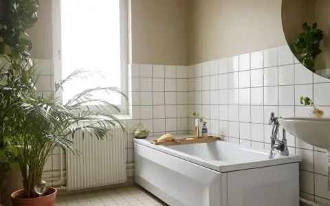 Ett ljust badrum med vitt kakel, ett badkar, en handfatskommod och gröna växter. Perfekt för att piffa upp badrummet med en grönskande känsla.