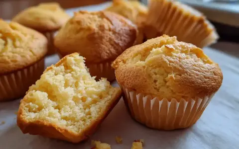 Nybakade glutenfria muffins, en är uppäten och visar det fluffiga inkråmet. Perfekt för fikat!