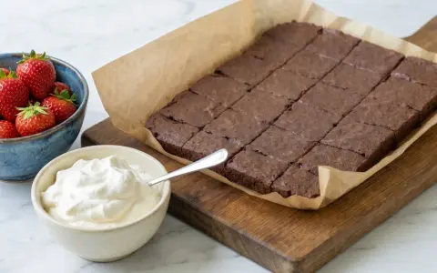 En kladdkaka i långpanna, uppskuren i rutor, serveras med vispad grädde och färska jordgubbar. Perfekt för fikat!