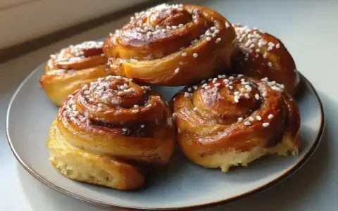 Fem gyllene kanelbullar med pärlsocker på en ljusblå tallrik. Perfekt för ett kanelbullar recept.