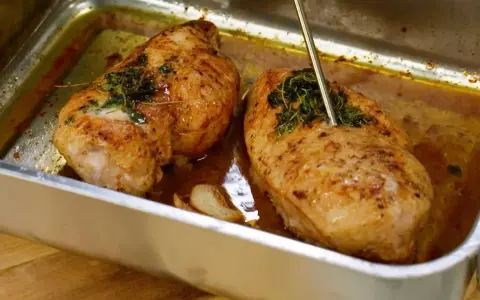 Två saftiga kycklinglårfiléer i ugnsform, en termometer visar att de är klara. Perfekt för ett gott kycklinglårfile recept.