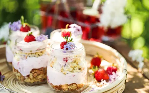 En härlig sommardessert i glasburkar, en himmelsk jordgubbstårta med fluffig grädde och saftiga jordgubbar, dekorerad med små lila blommor.