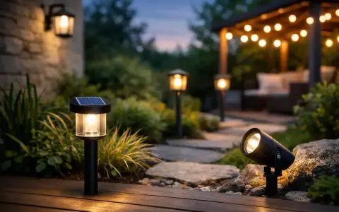 Vacker utebelysning inspiration med solcellsdrivna stolplampor och spotlights som lyser upp en trädgårdsgång och uteplats i skymningen.