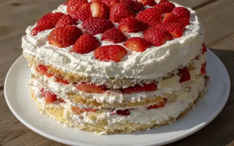 Enkel tårta med lager av sockerkaka, vispad grädde och färska jordgubbar. En somrig klassiker som passar alla tillfällen.
