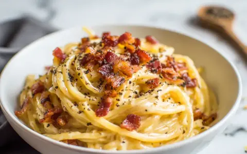 En skål med krämig, klassisk carbonara med knaprigt bacon och nymalen svartpeppar.