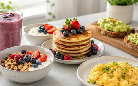En härlig frukostbuffé med pannkakor, yoghurt med bär, smoothie och äggröra. Perfekt för ett proteinrikt frukost recept!