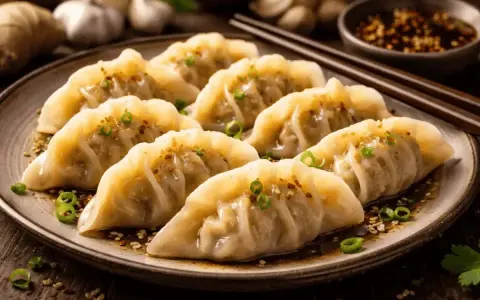 En tallrik med åtta gyllene dumplings, garnerade med grön lök och sesamfrön. Perfekt för ett hemlagat dumplings recept.