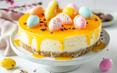 En vacker cheesecake påsk med gul glasyr och dekorerade påskägg.