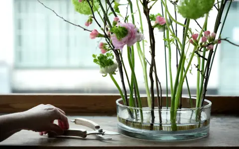 En hand förbereder vanliga snittblommor i en glasvas med en blomstergaffel. Rosa blommor och gröna detaljer skapar en vacker bukett.