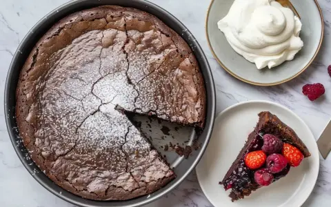 En saftig kladdkaka med pudersocker, serverad med vispad grädde och färska bär. Ett perfekt kladdkaka recept för alla chokladälskare.