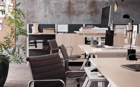 En modern arbetsplats med stolar, skrivbord, datorer och växter. En inspirerande miljö för kreativt arbete.