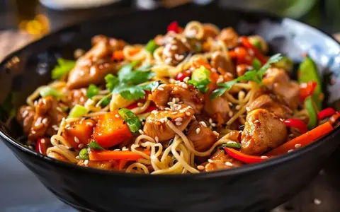 En närbild av en läcker kycklingwok med nudlar, toppad med sesamfrön och färsk koriander. En perfekt måltid!