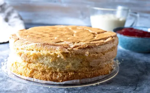 En fluffig tårtbotten, redo för fyllning. Perfekt för ditt tårtbotten recept. Bredvid syns grädde och sylt.