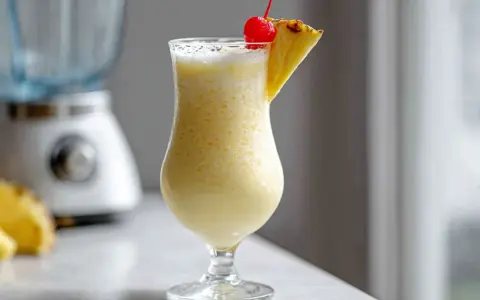 En krämig pina colada med ananasskiva och körsbär, redo att avnjutas.