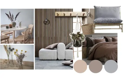 En moodboard visar inspiration för ett hem med trädetaljer, beiga toner och en mysig säng.