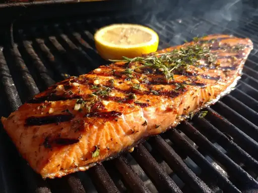En saftig laxfilé med örter och citron ligger på grillen. Det ryker gott från den perfekta grilla laxen.