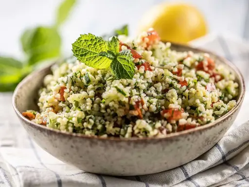 En skål med tabbouleh, en frisk sallad där man kan koka bulgur med tomat, persilja och mynta.