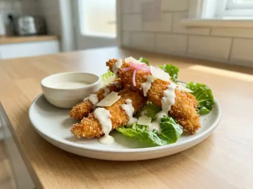 Krispiga bitar av panerad kyckling serveras på salladsbädd med krämig dressing och parmesan.