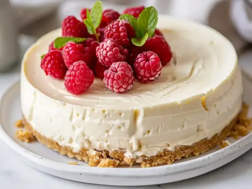 En krämig fryst cheesecake toppad med färska hallon och myntablad. Perfekt för en sommarfest.