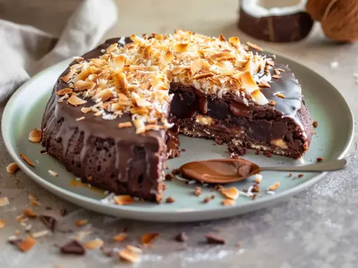 En saftig kladdkaka med kokostosca, toppad med rostad kokos och chokladglasyr. En sked med chokladsås ligger bredvid.