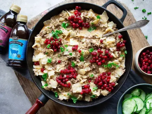 Kålmaja recept i gjutjärnspanna med köttfärs, kål och lingon. Serveras med gurka och fond från Bong.