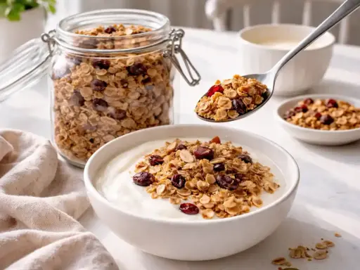 En sked med hemgjord egen granola med torkade bär toppar en skål med yoghurt. En burk med granola står bredvid.