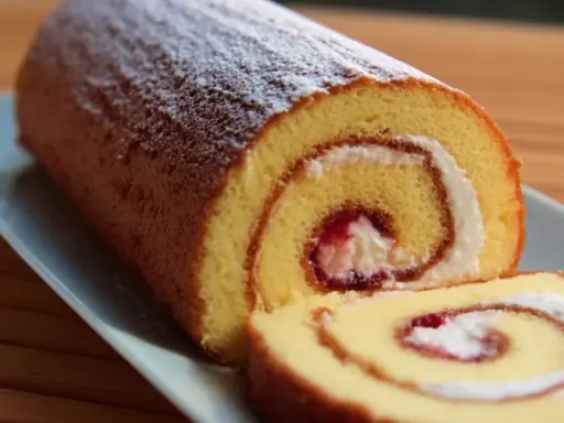 En saftig glutenfri rulltårta med sylt och grädde, pudrad med florsocker.