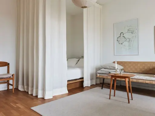 Vita draperier skärmar av ett rum och skapar en mysig sovalkov. En trästol och en soffa med kuddar står i rummet.