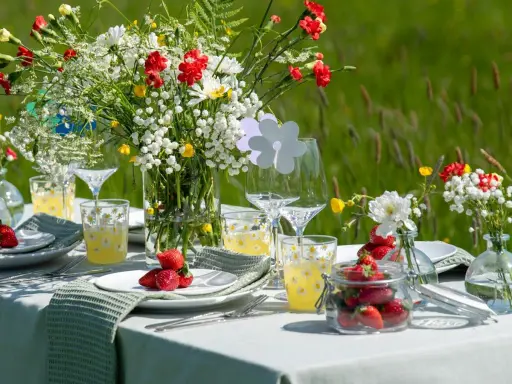 Vackert dukat bord med blommor och jordgubbar för att duka till midsommar.