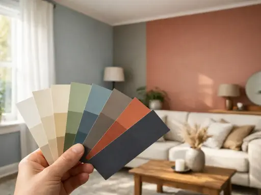 En hand håller upp en färgpalett med nyanser av beige, grönt, blått och terrakotta. En inbjudande inredning med soffa och bord syns i bakgrunden.