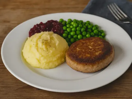 En tallrik med en gyllene Wallenbergare, potatismos, lingonsylt och gröna ärtor. Ett klassiskt svenskt recept!