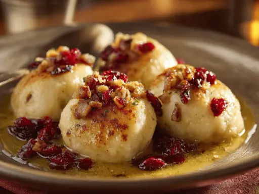 Kroppkakor recept: fyra gyllene kroppkakor med lingon och knaprigt fläsk i en skål.