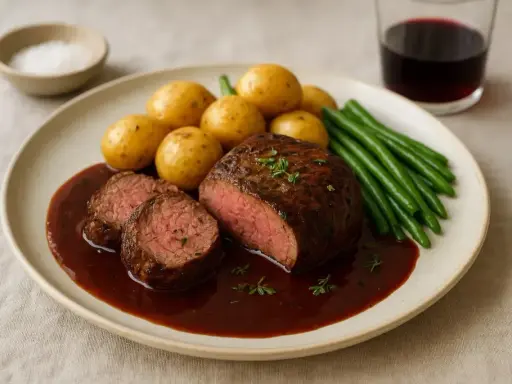 Saftig oxfilé med rödvinssås, småpotatis och gröna bönor. Ett perfekt oxfile recept för en fin middag.