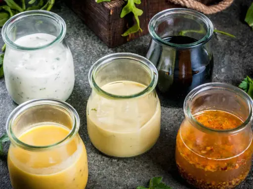 Fem små glasburkar med olika dressing till sallad: krämig vit, gul, ljusbrun, mörk och en med frön.