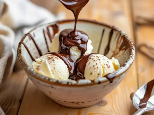 En skål med vaniljglass toppas med varm chokladsås. Ett enkelt chokladsås recept som lyfter desserten.
