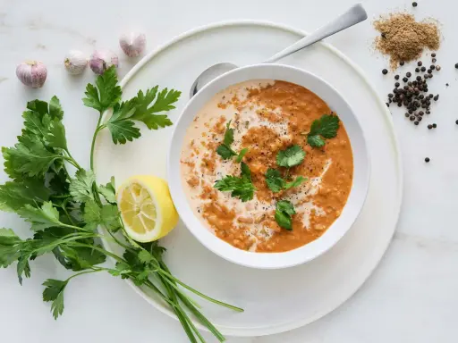 En krämig linssoppa, perfekt för ett snabbt och smakrikt linssoppa recept. Garnerad med färsk persilja, citron och kryddor.